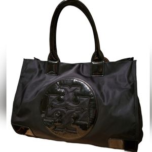 Tory Burch large black patent leather and nylon tote